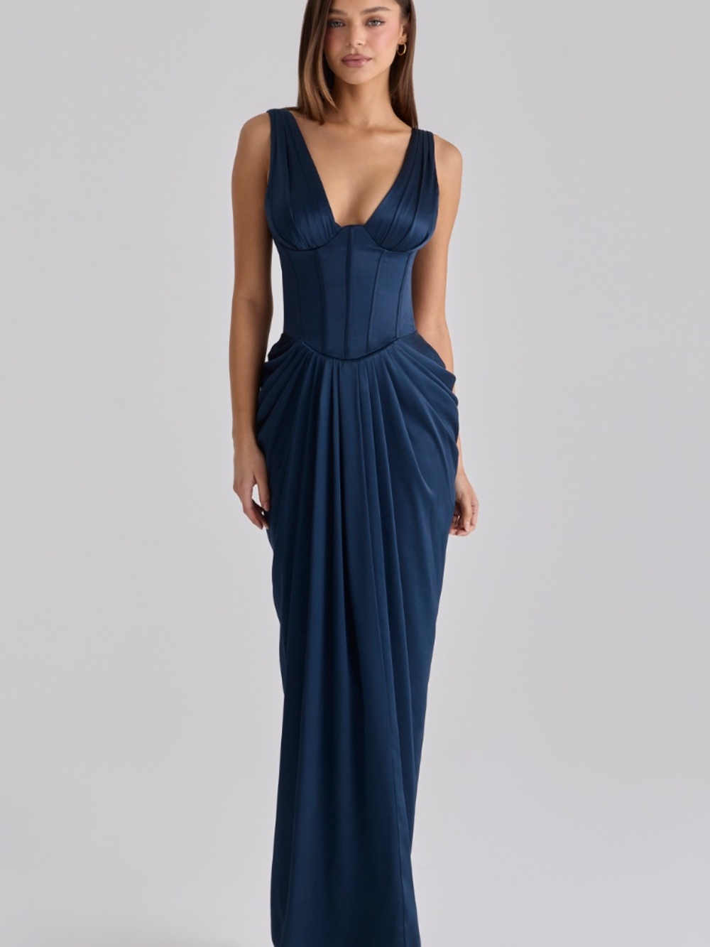 House of CB Navy Satin Corset Maxi Dress